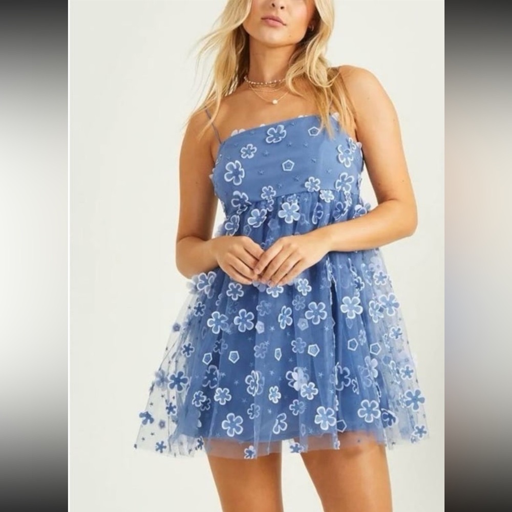 Altar'd State Aurora Floral Mesh Baby Doll Dress In Blue |Small